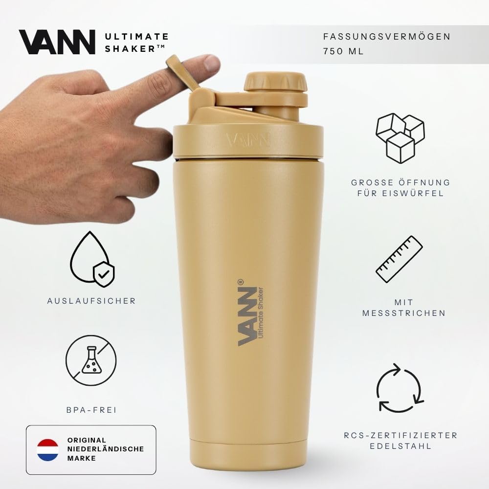 VANN Shaker Proteinshake 750ML - Thermo Shaker Edelstahl [12h kalt], Ideal als Schüttelbecher [Gym,