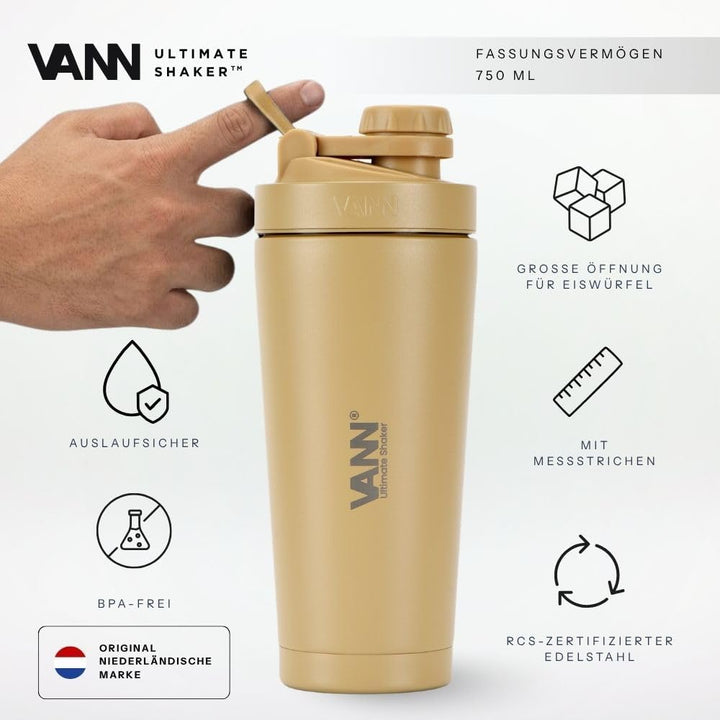 VANN Shaker Proteinshake 750ML - Thermo Shaker Edelstahl [12h kalt], Ideal als Schüttelbecher [Gym,