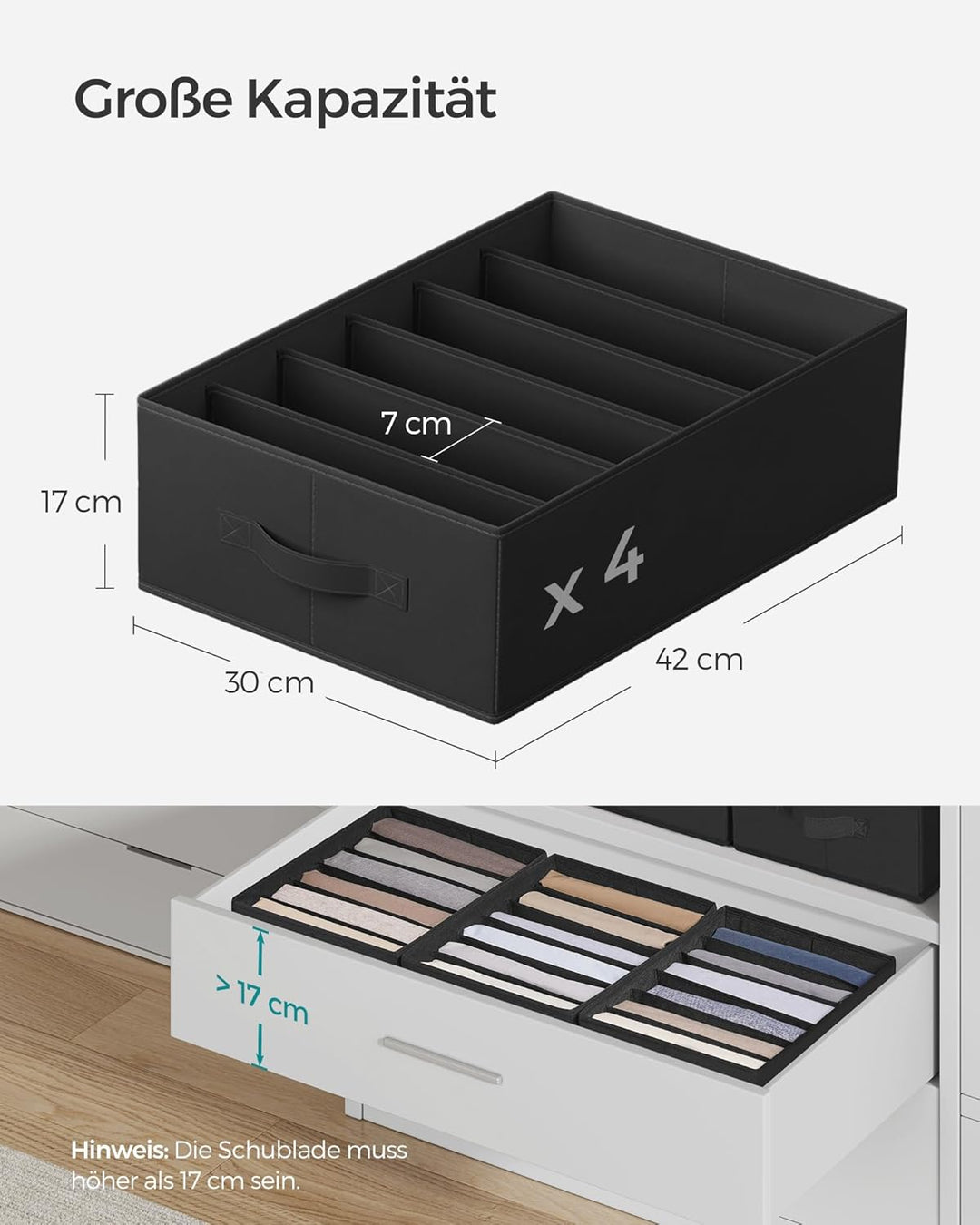 SONGMICS Kleiderschrank-Organizer 4er Set, Aufbewahrungsbox 6 Fächer, Schubladen-Ordnungssystem, Ord