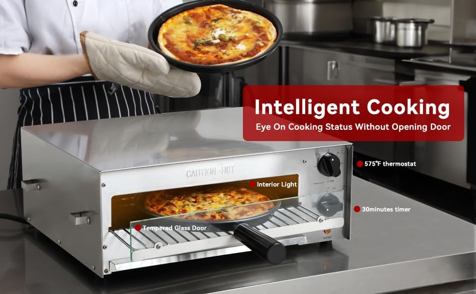 CROSSON Elektrischer Tiefkühl-Pizzaofen für den Innenbereich mit 30-Minuten-Timer, Glastür und Innen