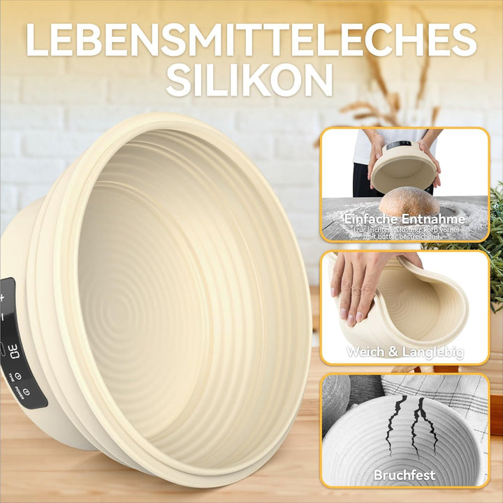 Gärkörbchen mit Heizfunktion und Timer – Rundes Silikon Gärkorb 30cm Brot Backen Zubehör für Sauerte