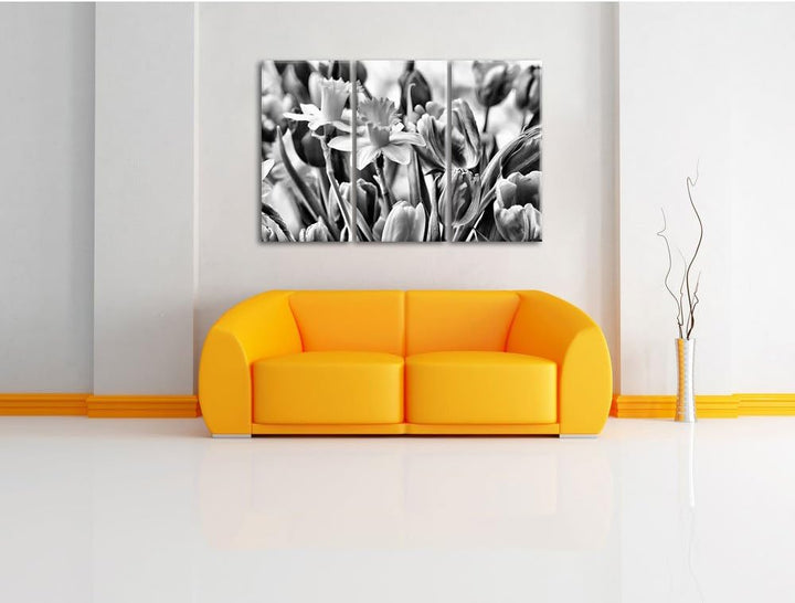 Pixxprint Osterglocken und Tulpen als Leinwandbild/Grösse: 3 Teilig (120x80) cm/Wandbild/Kunstdruck/