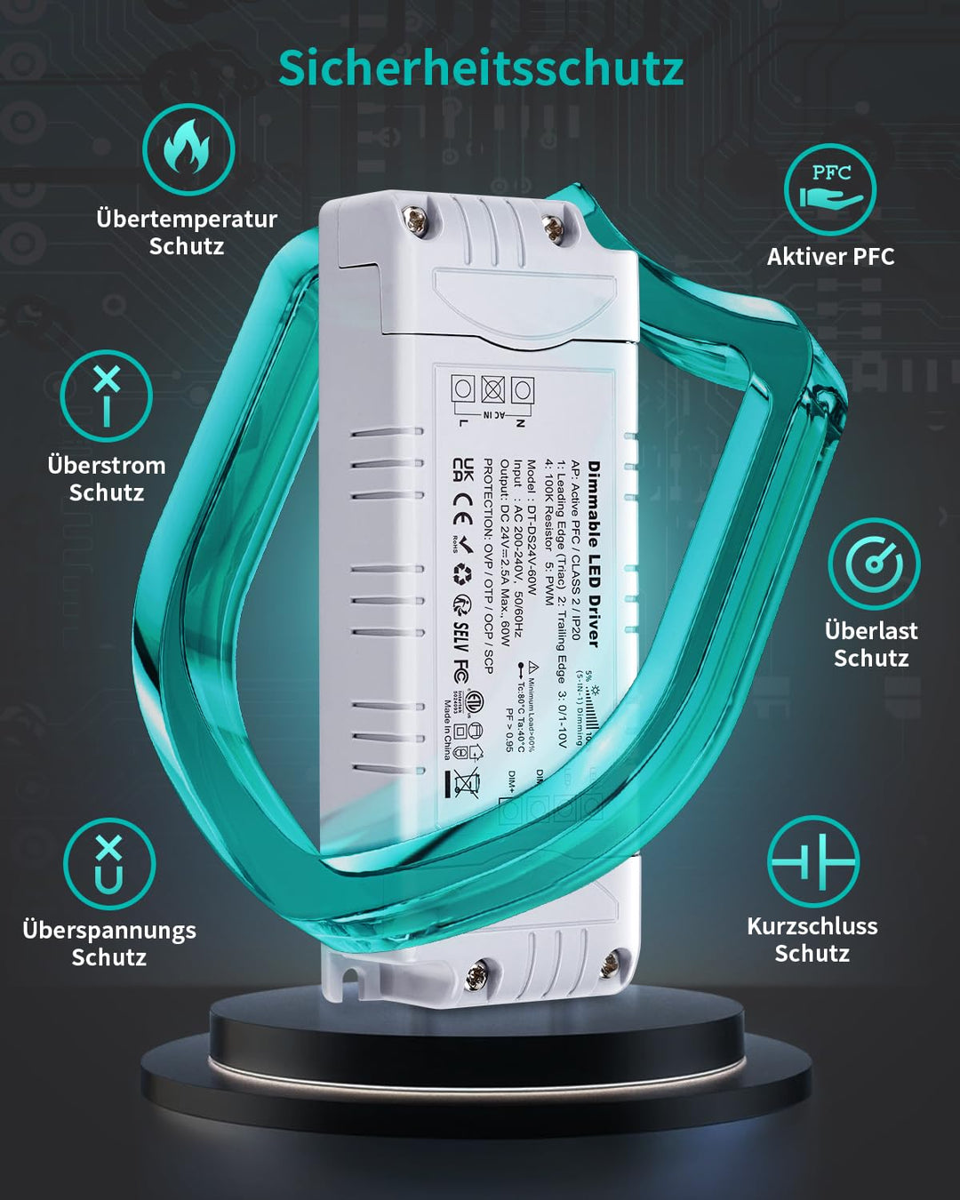 REYLAX LED Trafo 24V 60W Dimmbar Triac & 0/1-10V, 2.5A Dimmbar Netzteil 230V auf 12V DC Treiber Kons