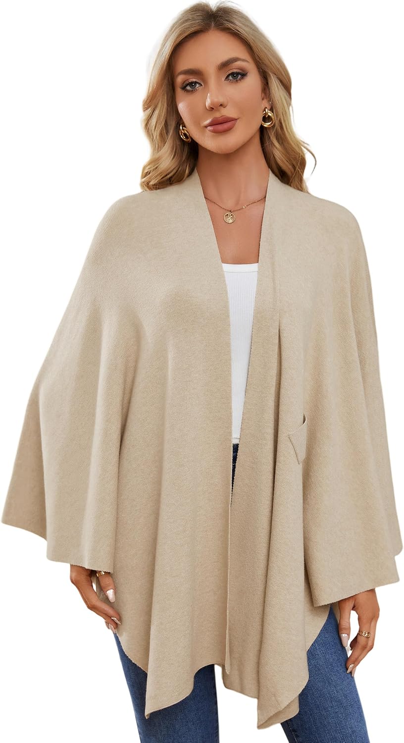 PULI Damen Elegant Poncho Strick Ponchos Capes Vorne öffnen Vielseitige Schalwickel mit Lasche Barle