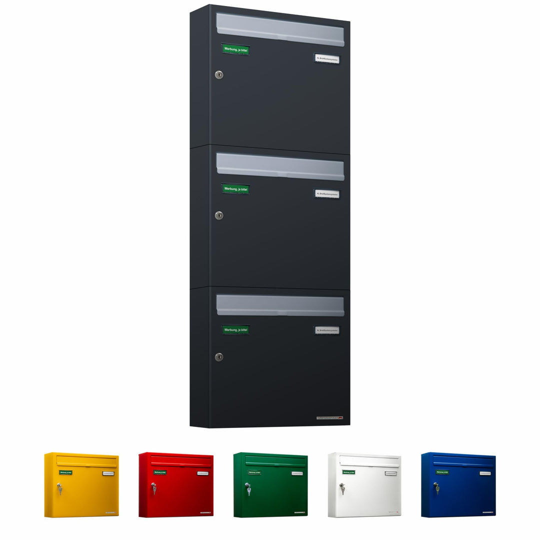AL Briefkastensysteme Basic 3er Briefkasten RAL 7016 Anthrazit Grau/Einwurfklappe RAL 9006 Weiss Alu