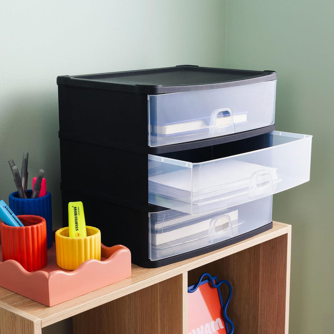 Schubladenbox mit 3 Schubladen 33x25x29cm DINA4 schwarz-transparent Drawer 3 hohe Schubladen, 3 hohe