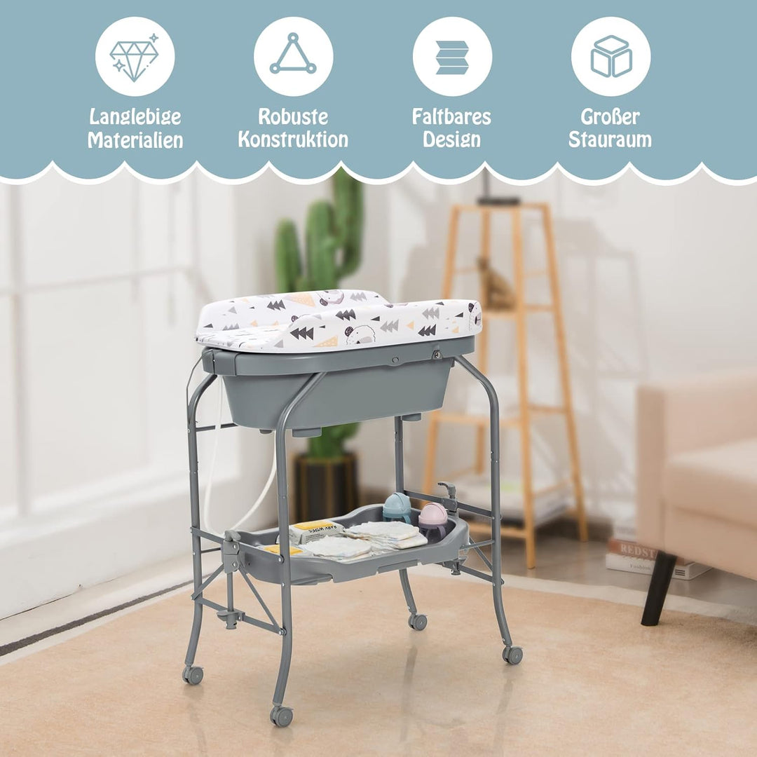 DREAMADE 2 in 1 Wickeltisch & Badewanne mit Gestell, Wickeltisch Klappbar, Wickelkommode auf Rollen