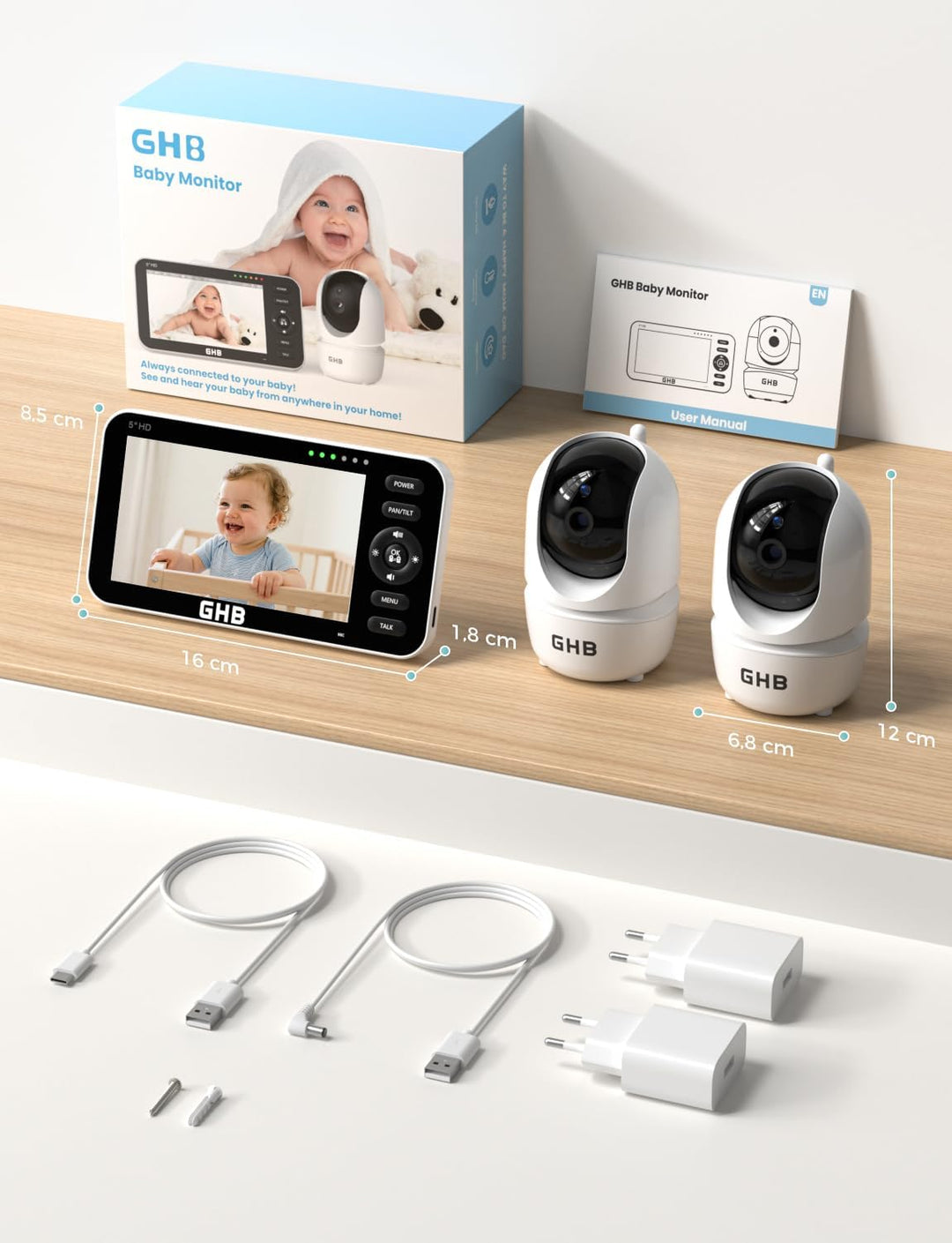 GHB Babyphone mit 2 Kameras 5 Zoll 720P HD Display mit bis zu 168h Akkulaufzeit im VOX Schlafmodus S