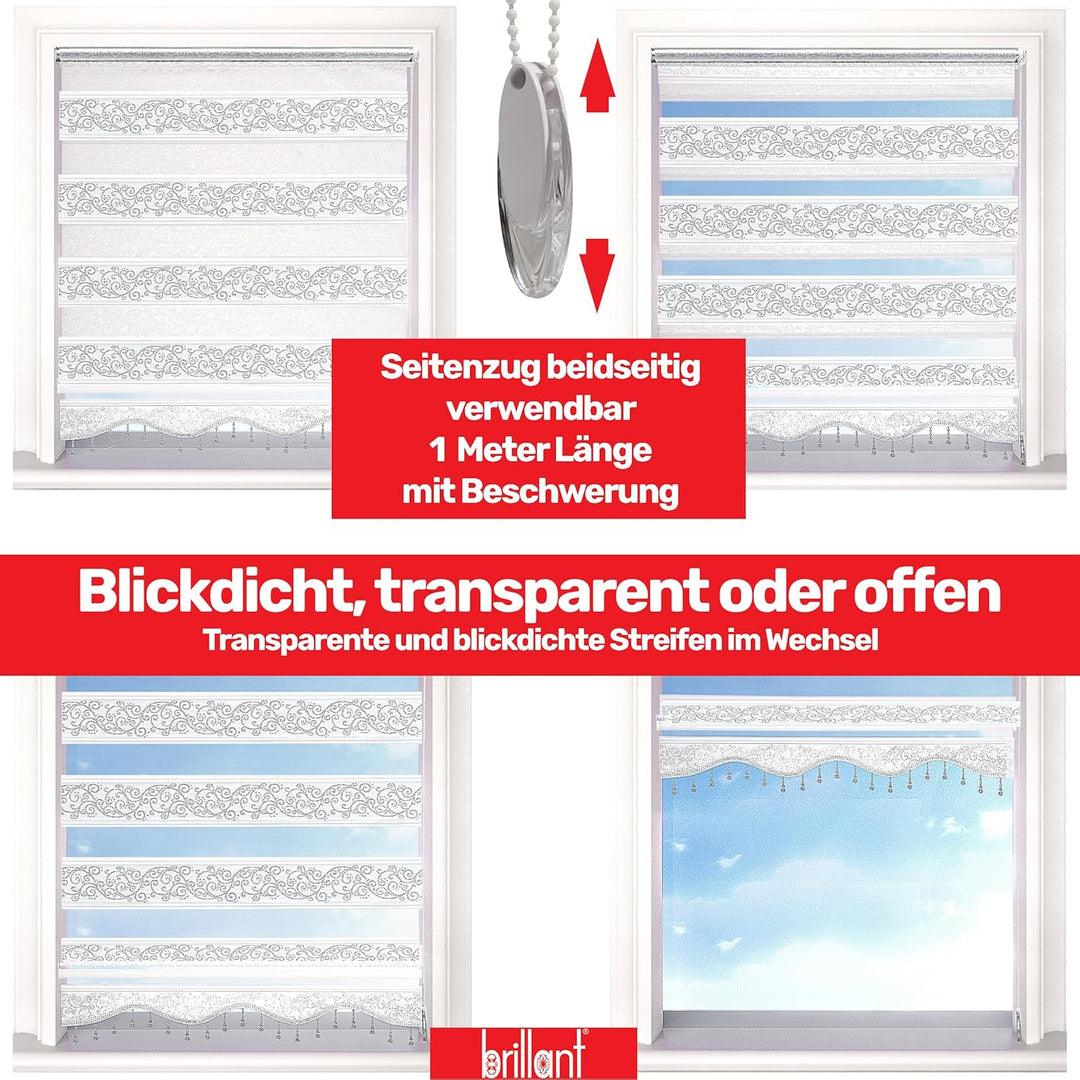 Brillant Doppelrollo Klemmfix ohne Bohren Weiss Silber 200 x 80 cm (Länge x Breite) Duorollo Blickdi