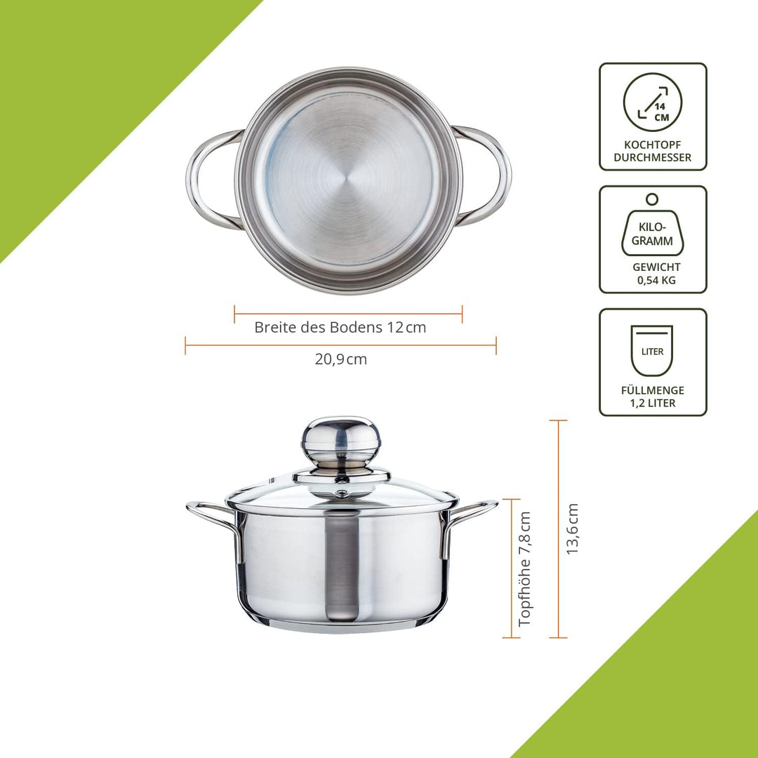 Level One Topf Edelstahl 14 cm Kochtopf Induktion 1,2 Liter, Mini Fleischtopf & Bratentopf mit Glasd
