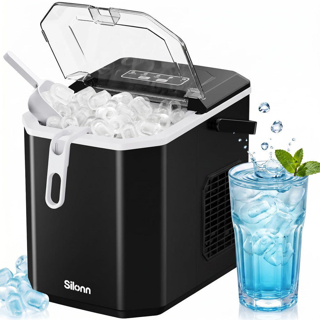 Silonn Eiswürfelmaschine mit Tragegriff &amp; Eiskorb, Mini Ice Maker mit Selbstreinigung, 9 Eiswürfel i