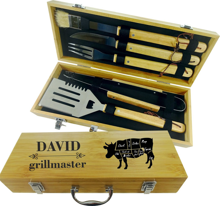 Personalisierte Grill Set | 5 Stück Grillbesteck Werkzeug Set | BBQ Grill-Tools | Set Barbecue-Utens