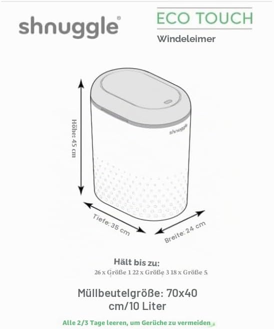 Shnuggle Eco-Touch Baby-Windeleimer mit umweltfreundlichen Müllbeuteln, fängt Gerüche, Keime und Bak