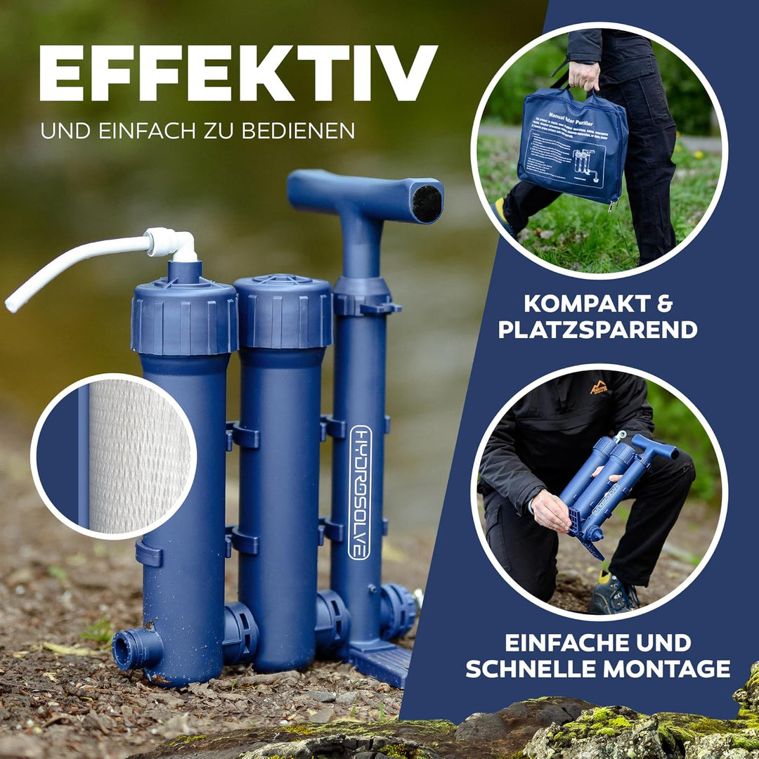 HYDROSOLVE Outdoor Tragbarer Wasserfilter Camping Notfall Wasseraufbereitungssystem mit Handpumpe Fi