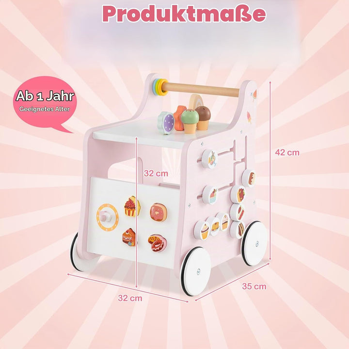DREAMADE Lauflernwagen Holz, 6-in-1 hölzerne Lauflernhilfe, Baby Walker mit Blöcken &amp; Zubehör, Lernl