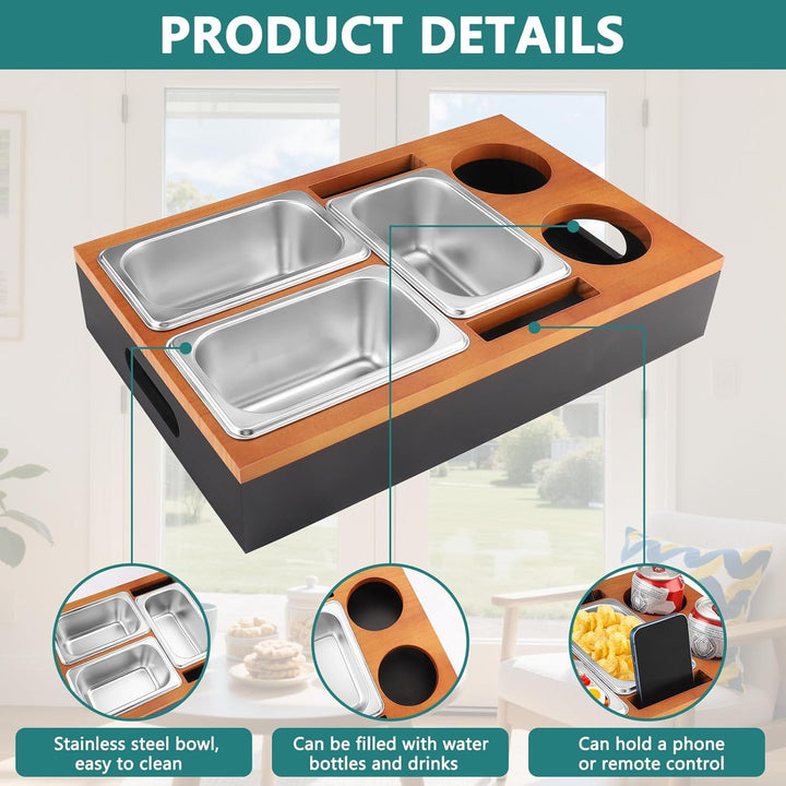 Foydream Couchbar Snackbox, Sofa Tablett Holz mit 3 Snackschalen, 2 Getränkehalter and Handyhalterun