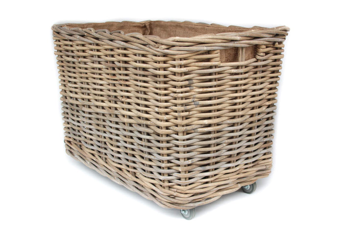 Grosser Holzkorb auf Rollen, Mehrzweckkorb aus Rattan mit herausnehmbarem Jutestoff