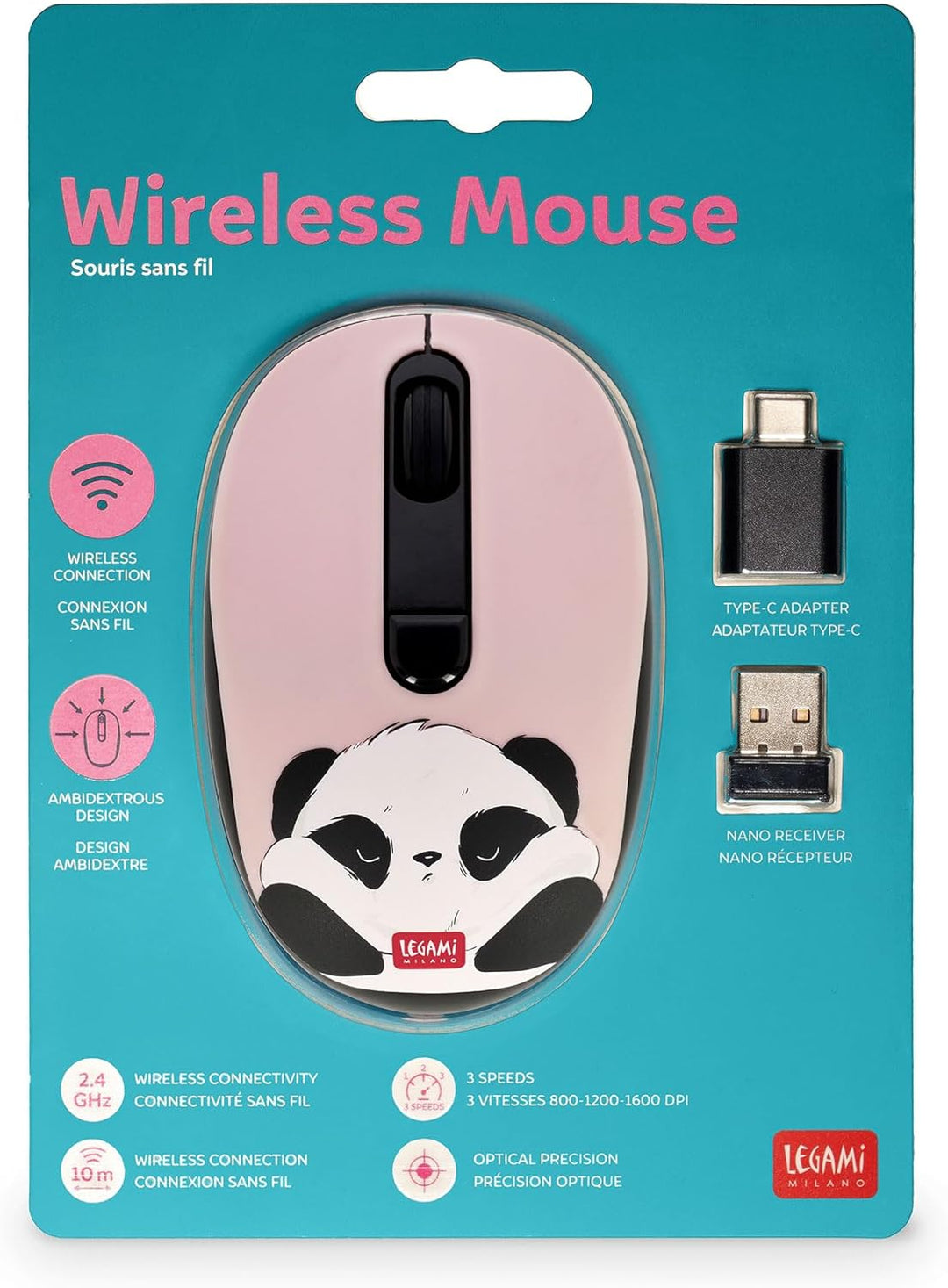 LEGAMI – Kabellose Maus mit ultrakompaktem USB-Empfänger, Panda, 3 Geschwindigkeitsoptionen, ABS-Mat