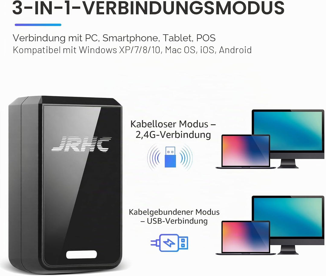 1D 2D Kabelloser Barcode-Scanner Bluetooth, Mini Tragbarer Barcode Lesegerät, 3-in-1 BT &amp; 2.4G &amp; USB