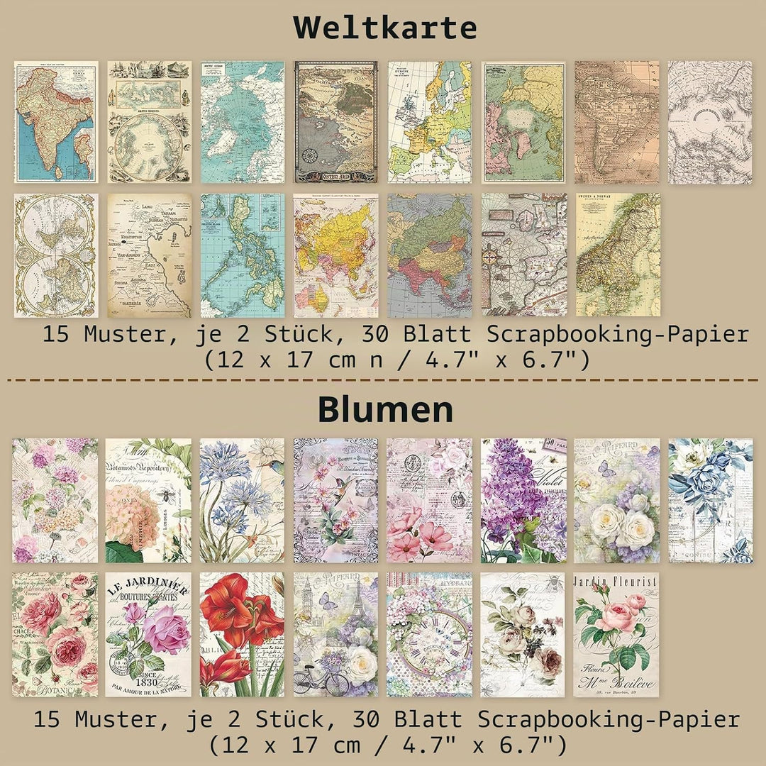 240 Blätter Vintage Scrapbooking Papier Deko 17x12cm Retro Scrapbooking Zubehör Tagebuch Papier Bast