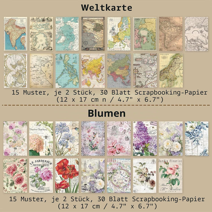 240 Blätter Vintage Scrapbooking Papier Deko 17x12cm Retro Scrapbooking Zubehör Tagebuch Papier Bast