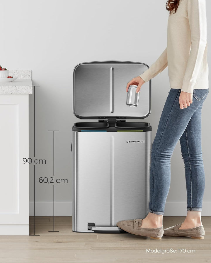 SONGMICS 40 L Mülleimer mit 2 Fächern, 2 x 20 L, Abfalleimer, Treteimer aus Metall, Inneneimer aus K