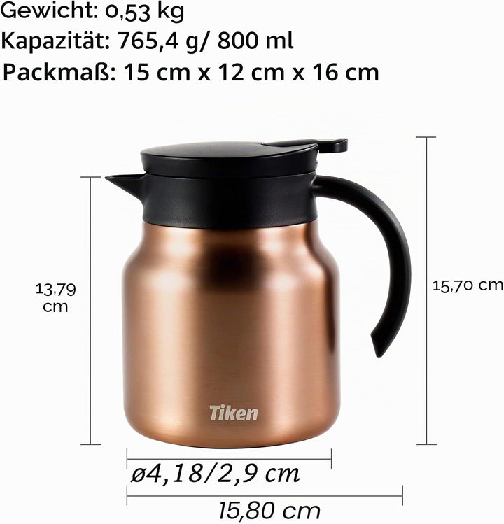 Tiken 800ml Thermoskanne aus Doppelwandingem Edelstahl Isolierkanne Kaffeekanne mit Quick Tip Versch