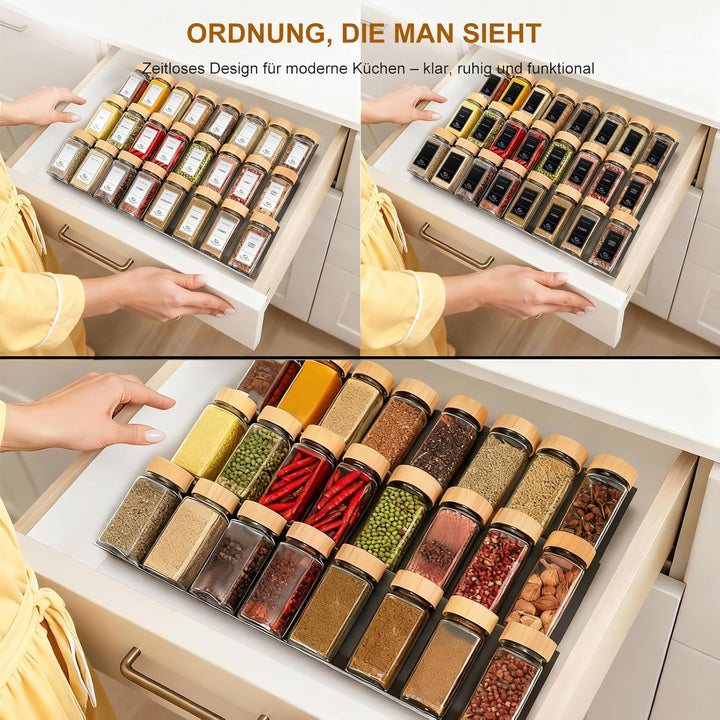 Gewürzgläser Eckig – 24er Set mit Bambusdeckel, Etiketten in Schwarz & Weiss (360 Stück) & Silikontr