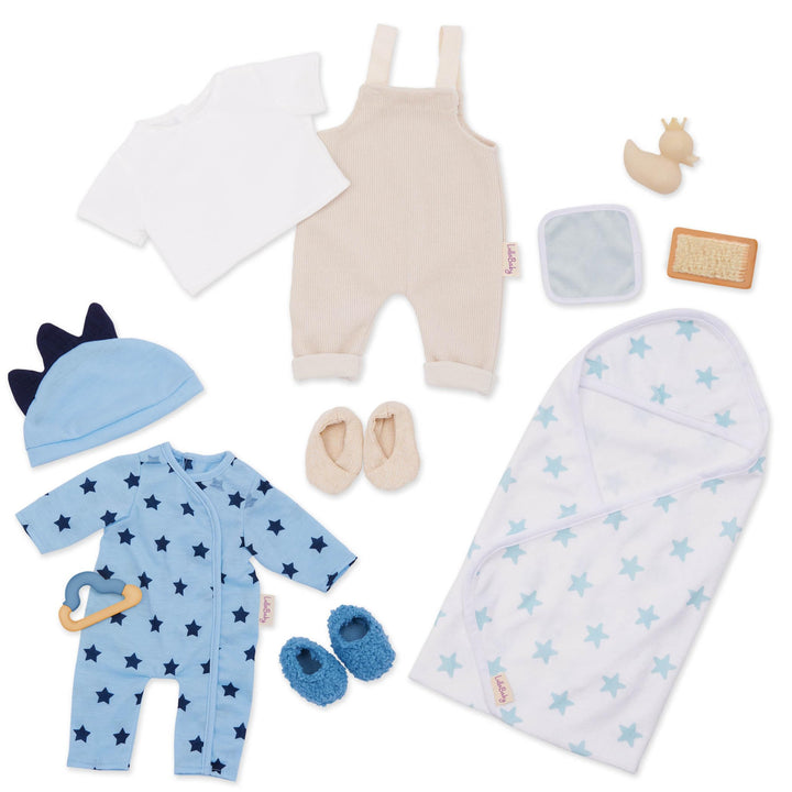 LullaBaby – 13-tlg. Puppenkleidung für 36 cm Baby Puppen – Strampler, Kapuzenhandtuch, Einteiler, T-