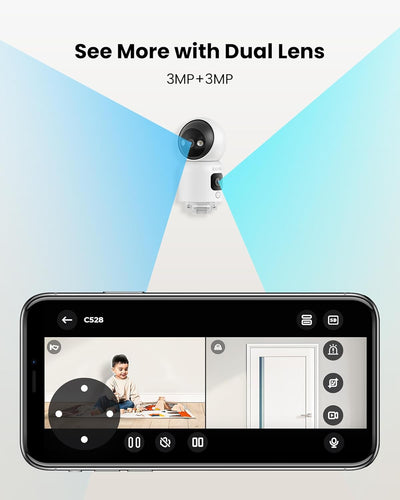 ZOSI Überwachungskamera Innen mit Dual-Objektiv 3MP+3MP, 2,4/5G WLAN, Taste/OK-Geste-Anruf, KI Perso