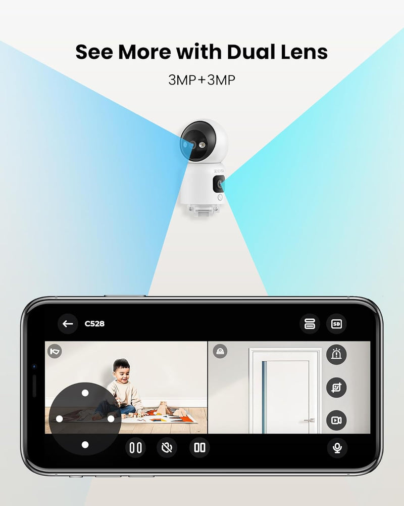 ZOSI Überwachungskamera Innen mit Dual-Objektiv 3MP+3MP, 2,4/5G WLAN, Taste/OK-Geste-Anruf, KI Perso