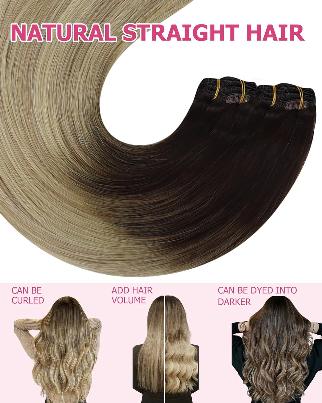 YoungSee Echthaar Extensions Clip Balayage Clip in Extensions Echthaar Braun Blond 35cm Extensions C