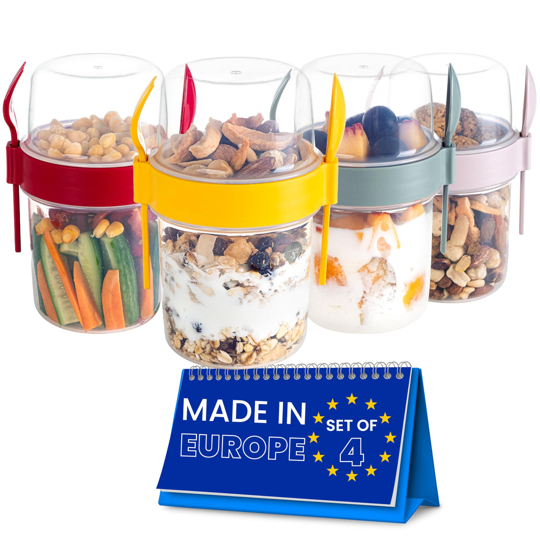 spar-home Müslibecher To Go – 4er Set Joghurtbecher To Go mit Löffel und Gabel Müsli To Go Becher 60