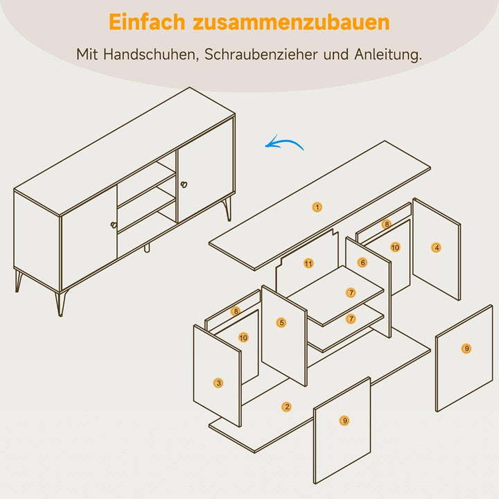 SONNI TV-Schrank, Fernsehtisch, Fernsehregal, Lowboard für Fernseher 60 Zoll mit 2 Schränken, 3 offe
