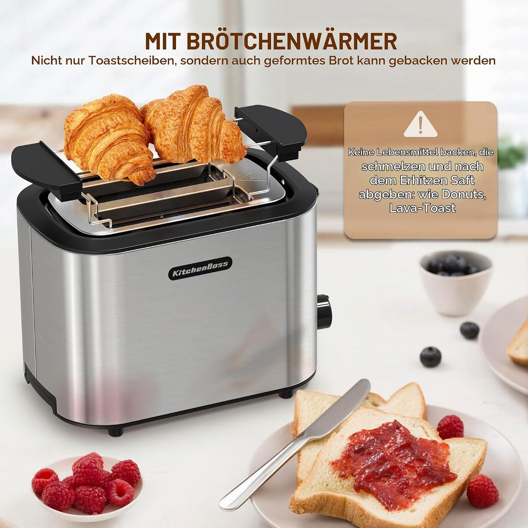 KitchenBoss Edelstahl Toaster 2 Scheiben：Toaster mit 6 Bräunungsstufen | Brötchenaufsatz, Abschaltau