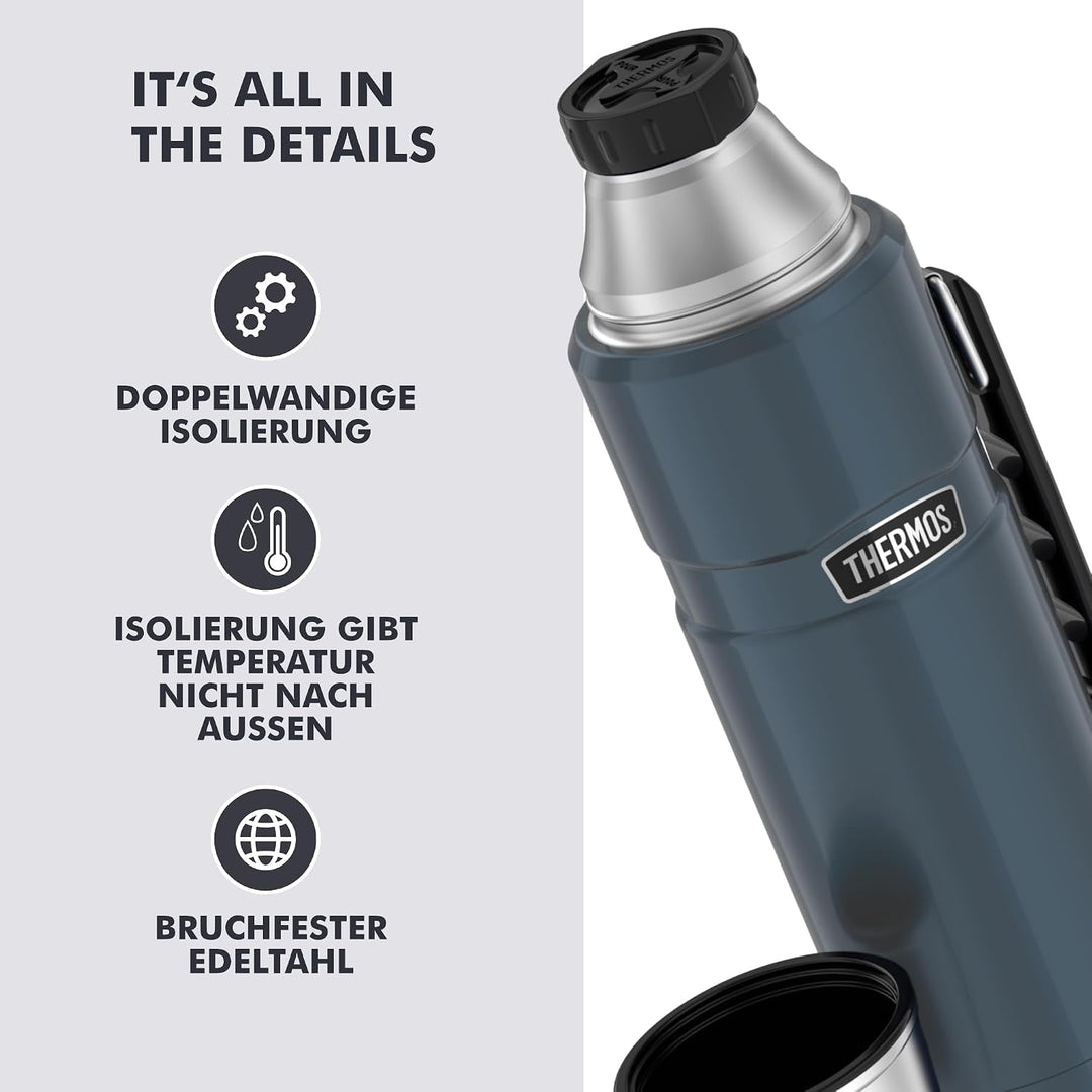 THERMOS STAINLESS KING Thermosflasche ice grey 1,20l - Edelstahl, absolut dicht, mit Trinkbecher und