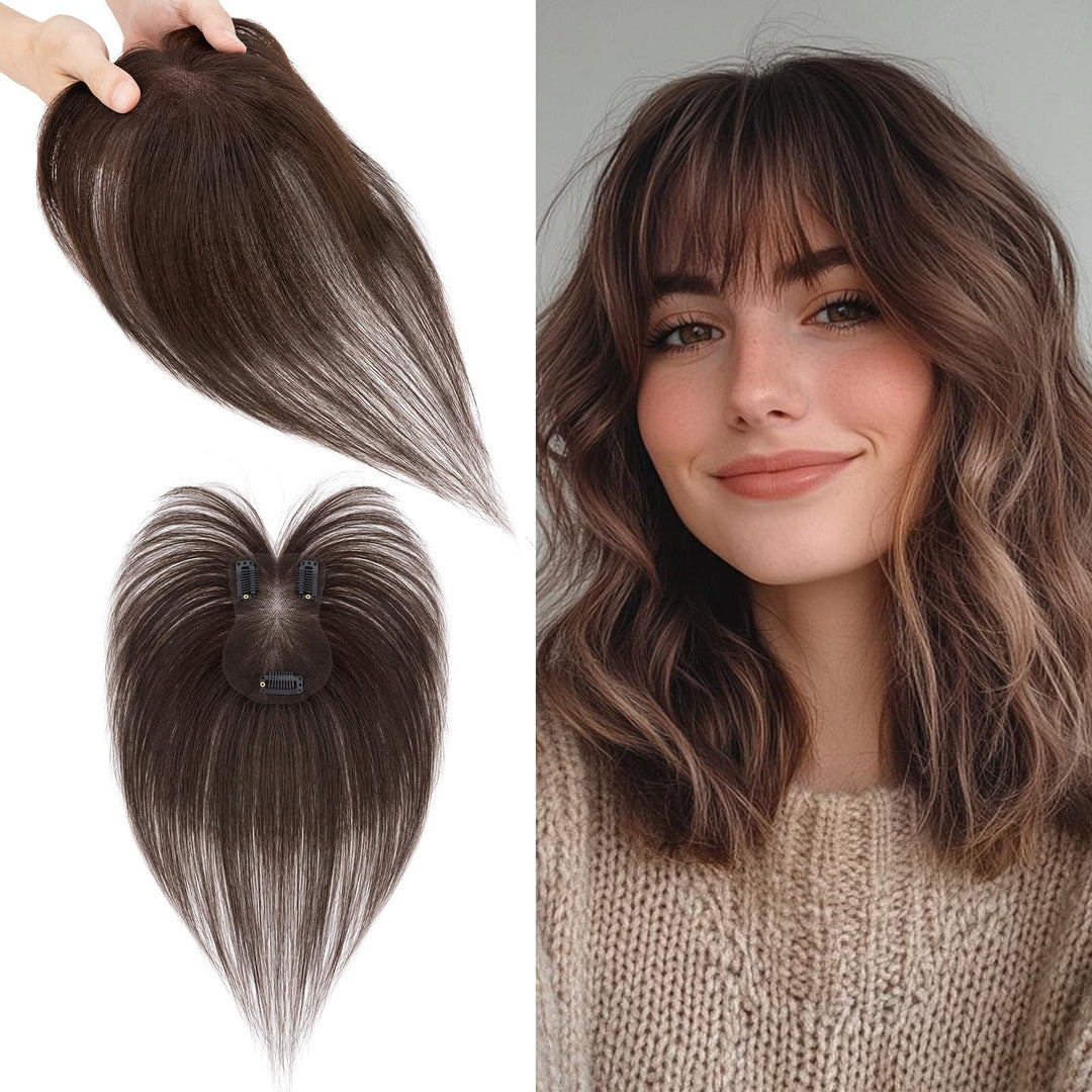 S-noilite Haar Toppers Echthaar Dunkelbraun - Toupet für Frauen mit Wispy Pony 100% Echthaar Clip in