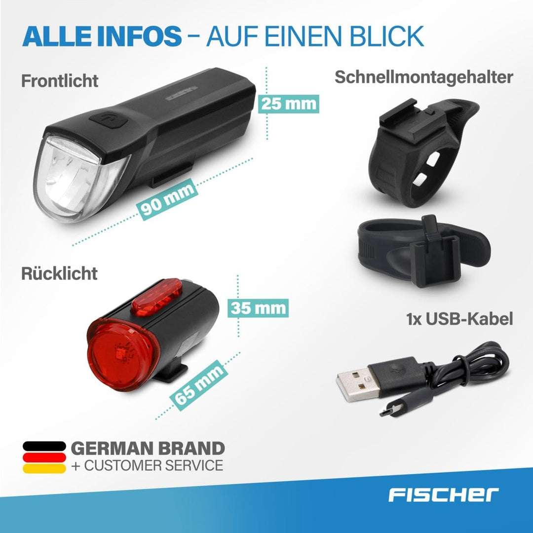 FISCHER Fahrrad-Beleuchtungsset 30/15 Lux, Akku-Leuchtenset TWIN, Front- und 360° Rückleuchte, mit A