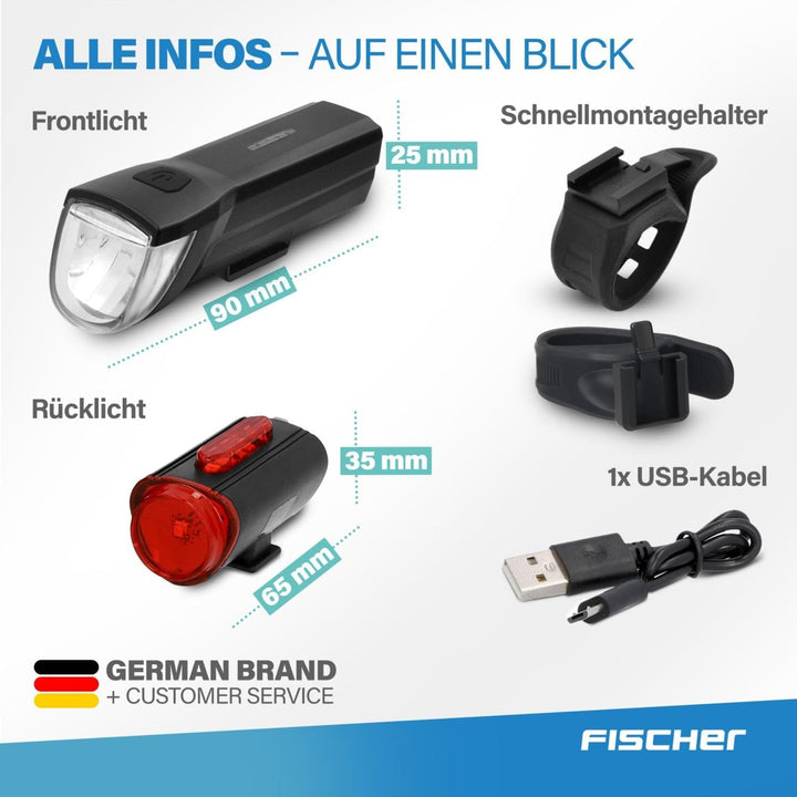FISCHER Fahrrad-Beleuchtungsset 30/15 Lux, Akku-Leuchtenset TWIN, Front- und 360° Rückleuchte, mit A