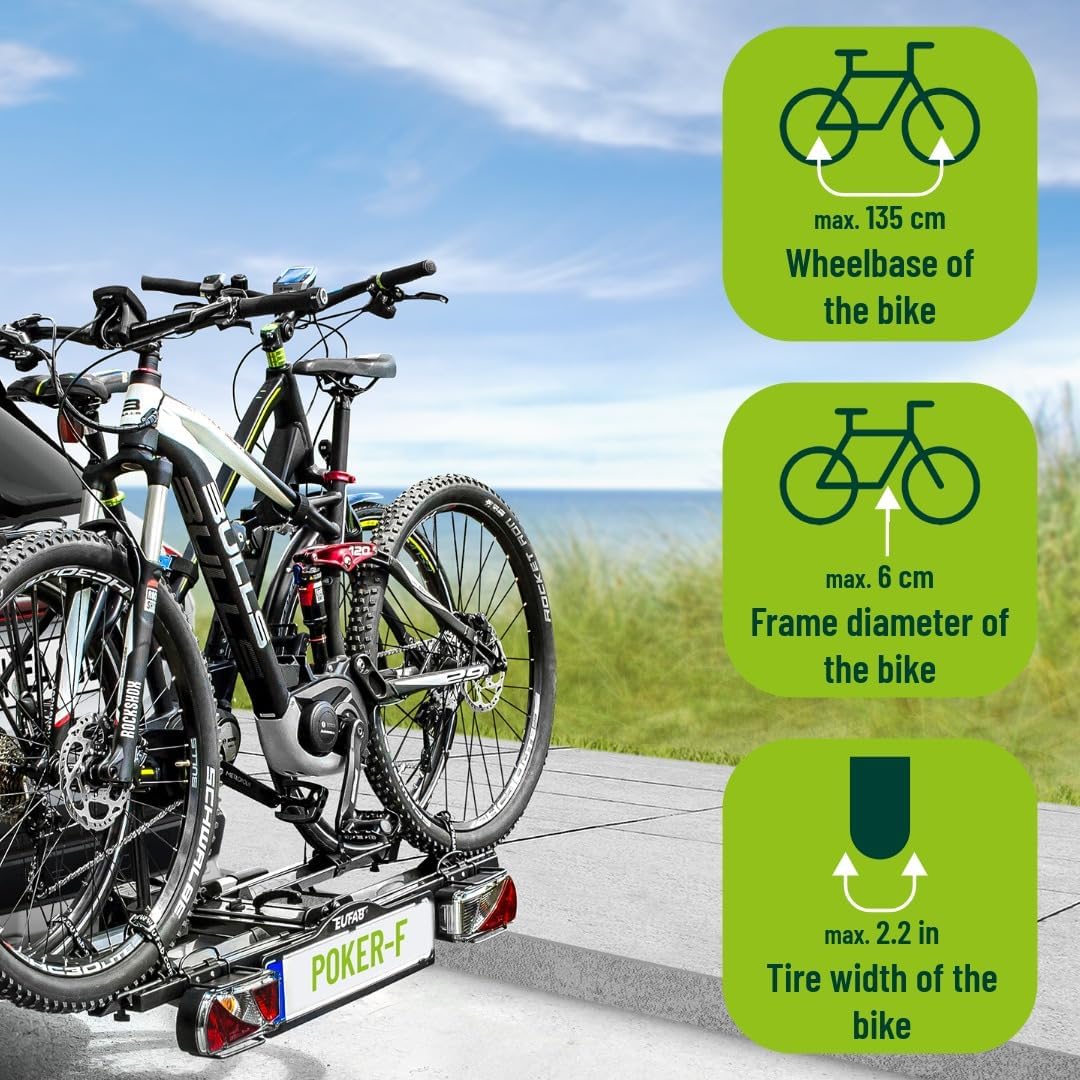 EUFAB 12010LAS Fahrradträger POKER-F, E-Bike geeignet, komplett vormontiert, Diebstahlschutz, für 2