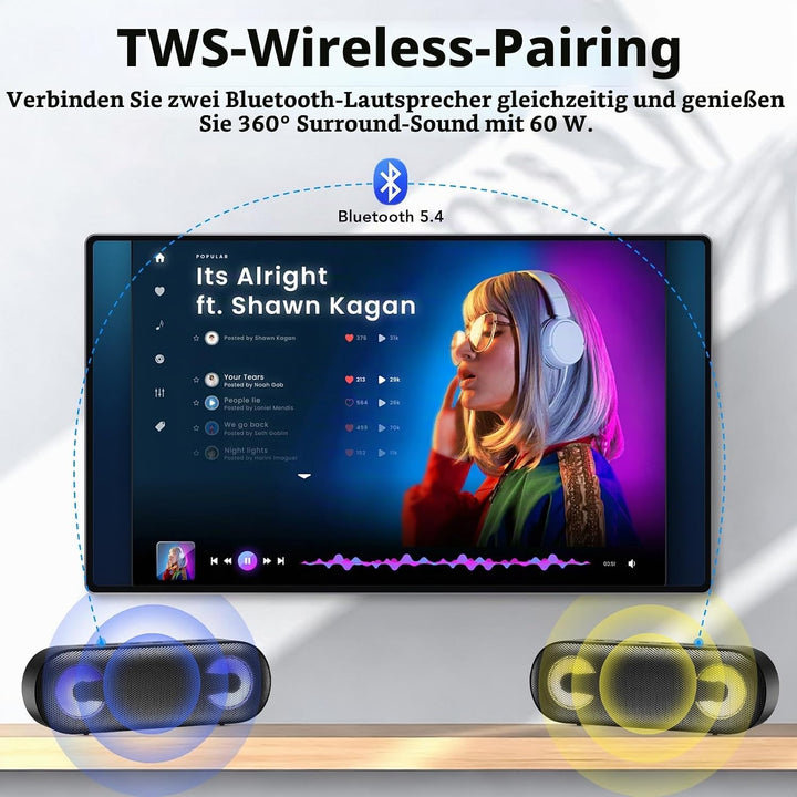 IKT Bluetooth Lautsprecher mit Licht,30W Duale Bass-Treiber,30H Stunden Akkulaufzeit,Bluetooth 5.4,I