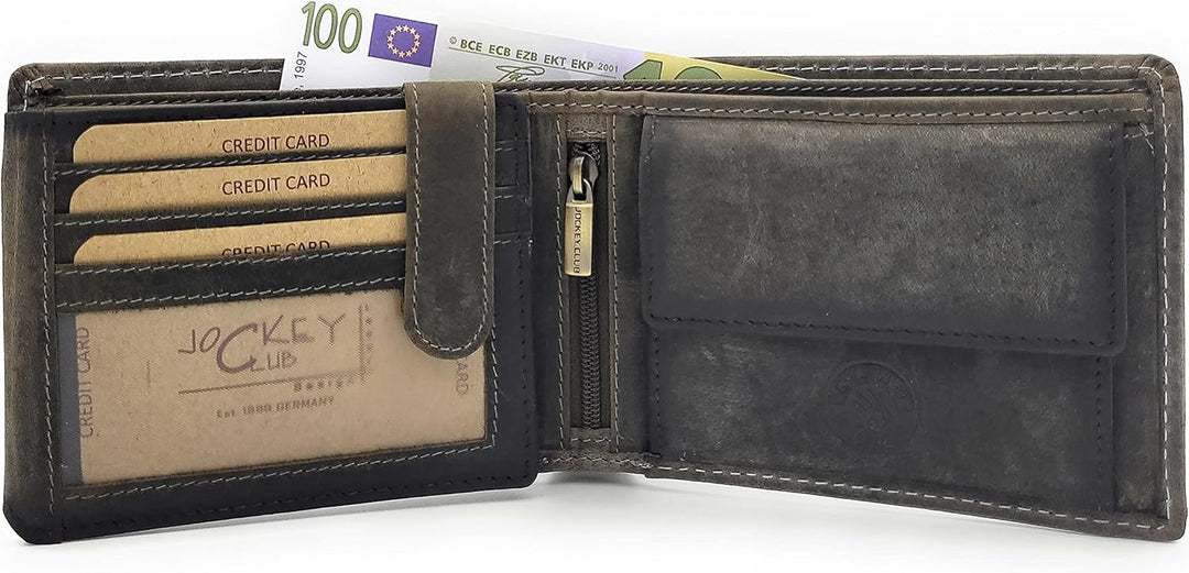 Lemasi echt Leder Geldbörse quer Hunterleder Portemonnaie Anglerbörse mit RFID Schutz Fisch Hecht (V