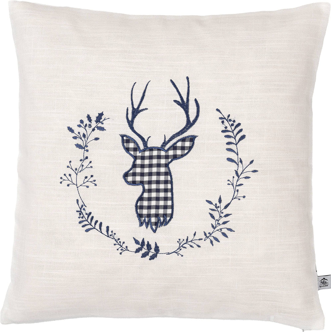 Zirbenkissen beige blau bestickt mit Hirsch Grösse 40x40 cm befüllt mit Zirbenflocken aus Alpen Zirb