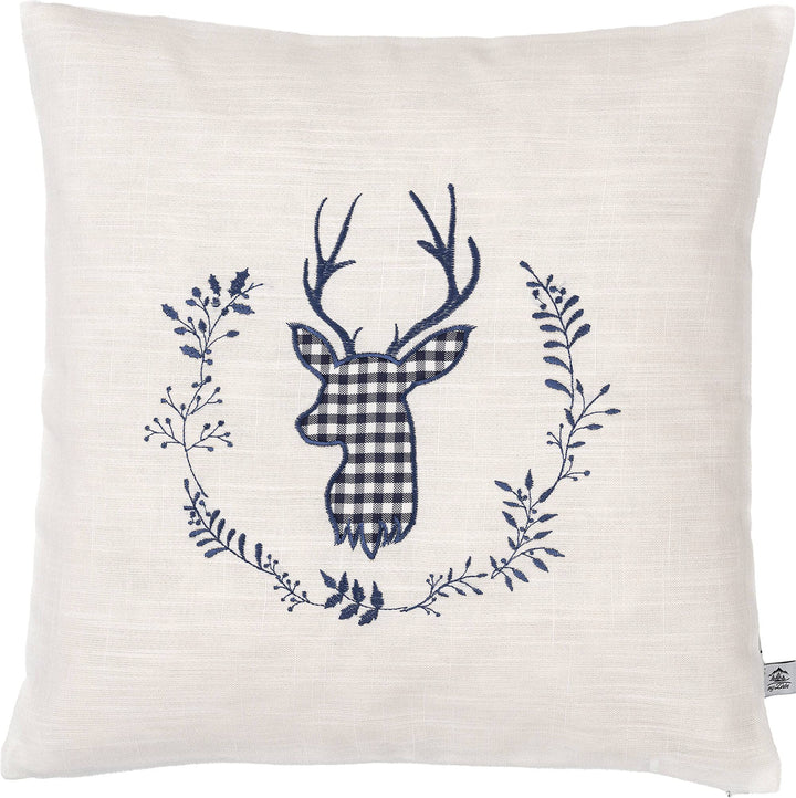 Zirbenkissen beige blau bestickt mit Hirsch Grösse 40x40 cm befüllt mit Zirbenflocken aus Alpen Zirb