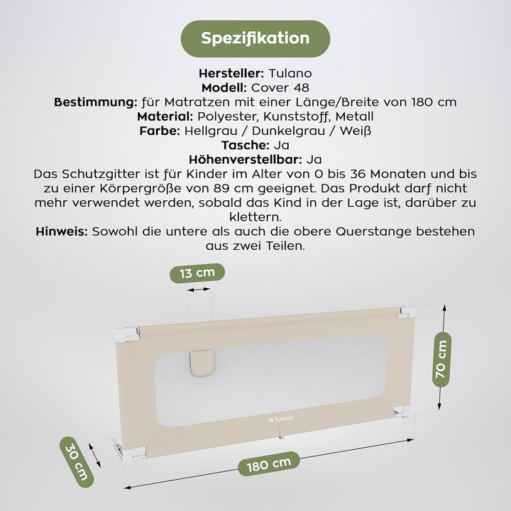 TULANO Cover 48, Bettgitter Kinderbett, Sicherheitsgitter Absenkfunktion, 18-Fach höhenverstellbar,