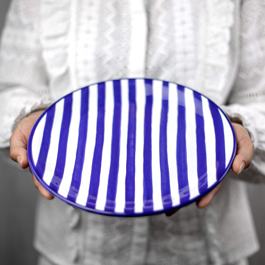 City to Cottage® - Keramik Teller 25.5 cm | Blau-Weiss gestreift | Handgemacht | Grosser Speisetelle