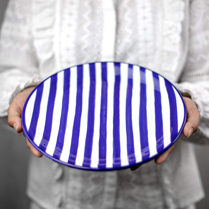 City to Cottage® - Keramik Teller 25.5 cm | Blau-Weiss gestreift | Handgemacht | Grosser Speisetelle