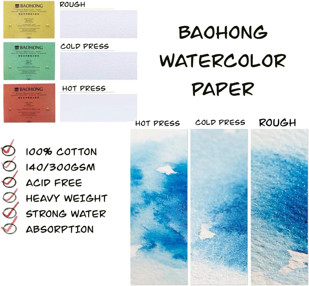 BAOHONG Künstler-Aquarell-Papierblock (20 Blatt, an vier Kanten geklebt), 100 % Baumwolle, säurefrei