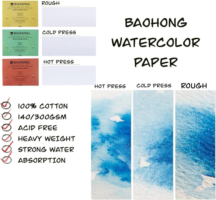 BAOHONG Künstler-Aquarell-Papierblock (20 Blatt, an vier Kanten geklebt), 100 % Baumwolle, säurefrei