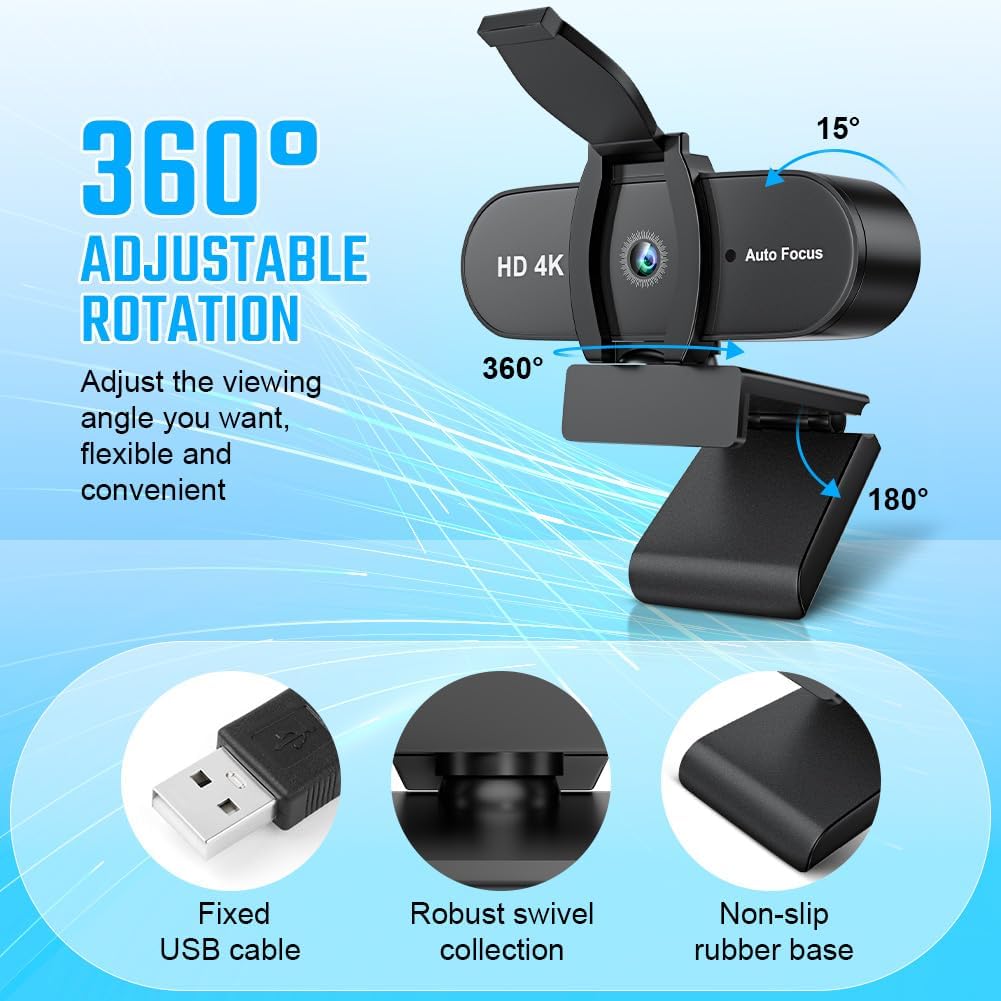 OFFCUP Full HD Webcam, 4K Webcam mit Mics Geräuschunterdrückung, USB Webcam Autofokus Streaming Kame